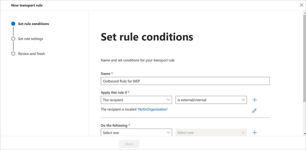 Screenshot of the Microsoft 365 configuration Set rule conditions page